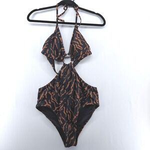 Shade & Shore Women Tiger Print Monokini Cutout One Piece Swimsuit Black Brown M
